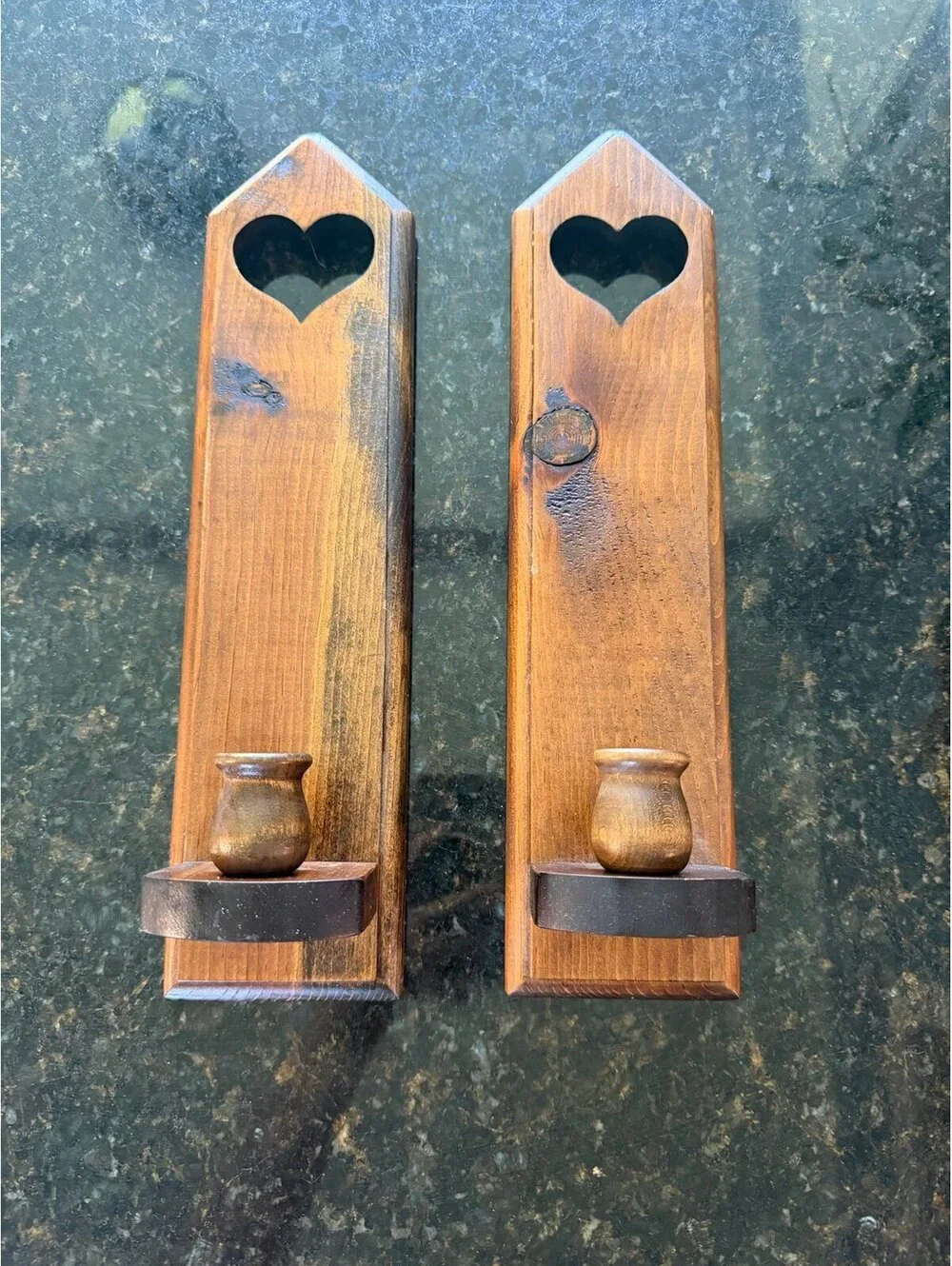 Vintage Wooden Heart Wall Sconces Candle Holders Pair